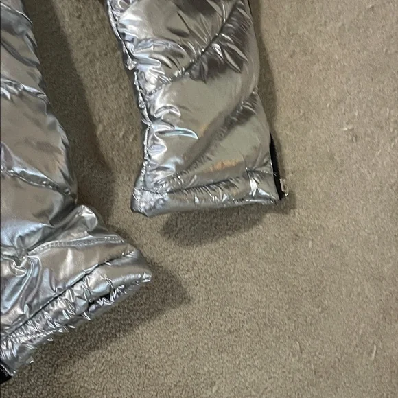 Long Silver Puffer Coat with Hood - Picture 3 of 8